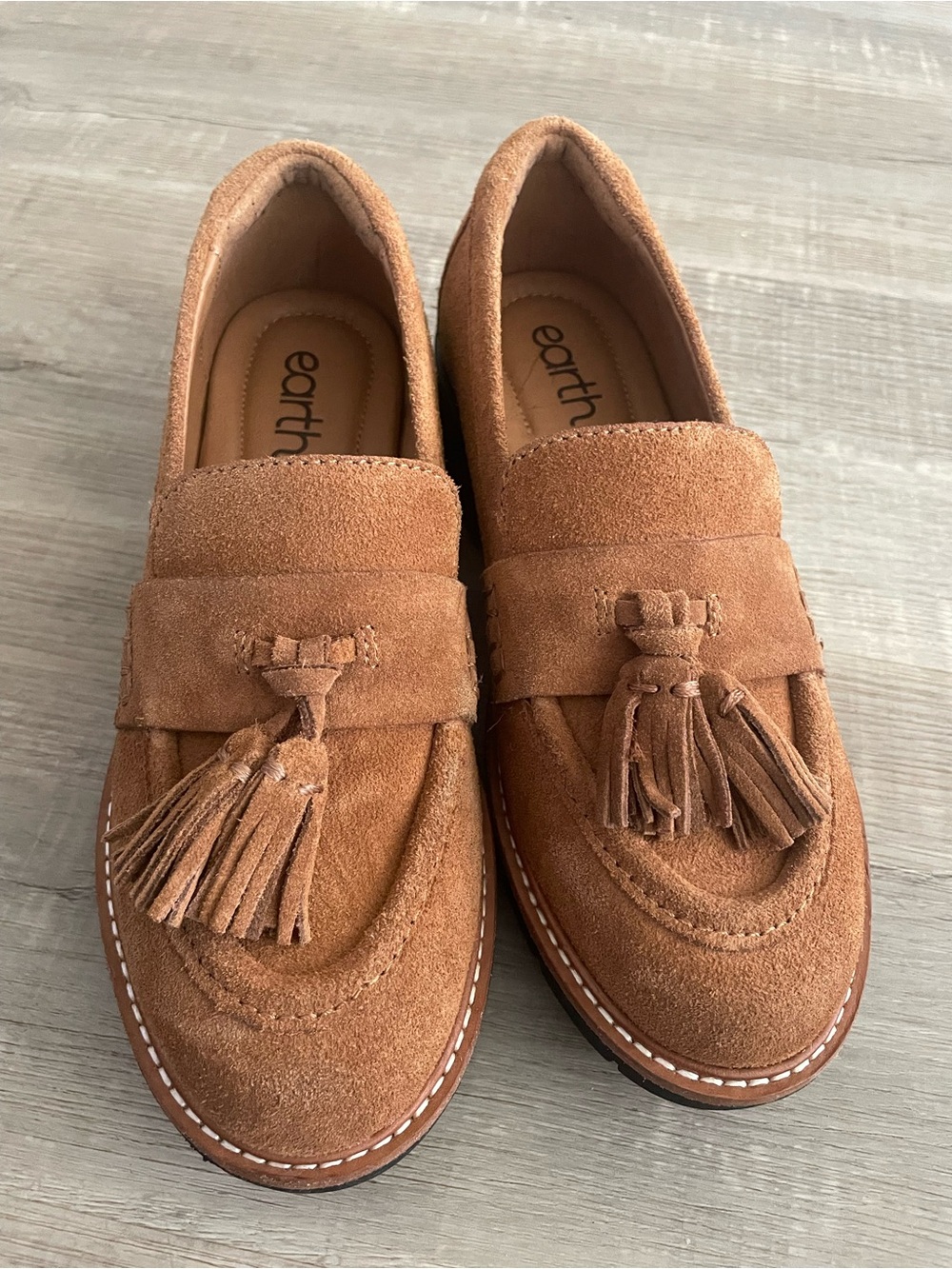 Earth Suede Tassel Loafers in Cognac